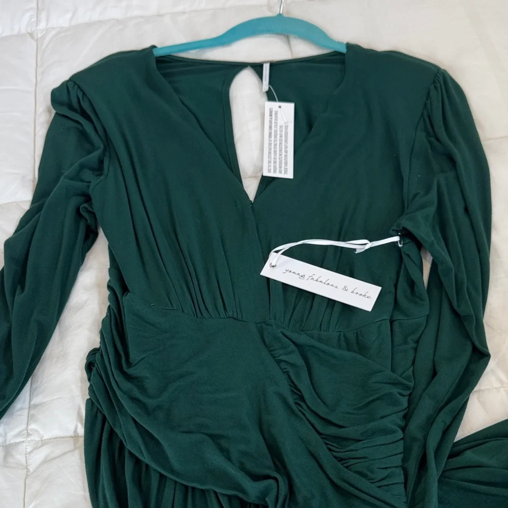 Long Sleeve Dark Green Draped Midi Dress - Picture 2 of 4